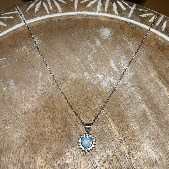 Lab Fire Opal & CZ 925 Sterling Silver Heart Necklace - Picture 3 of 12